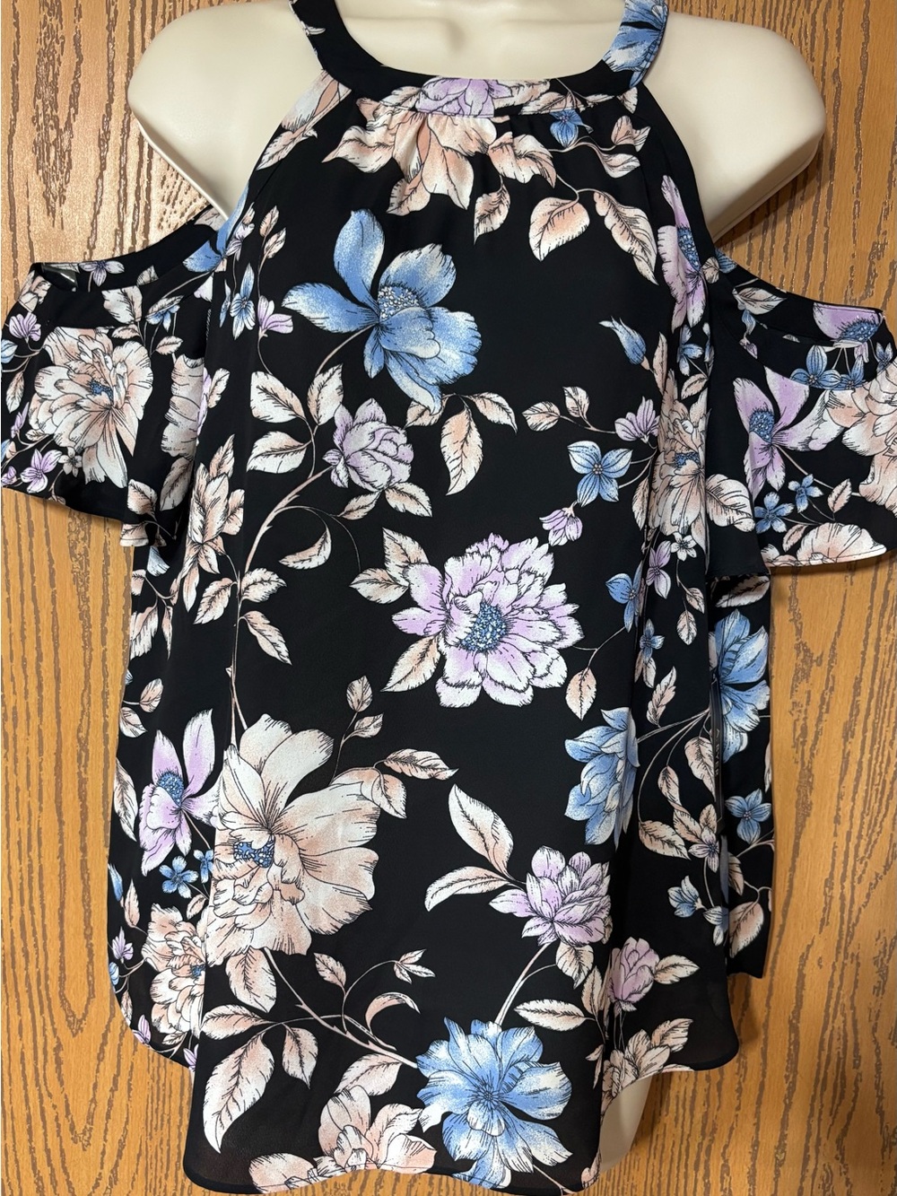 A. Byer Floral Cold-Shoulder Halter Top - Black with Blue & Pink Flowers